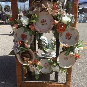Vintage Floral China Plate Wreath - Peach, Cream & Green